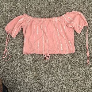 Pink, cropped, off-the-shoulder blouse